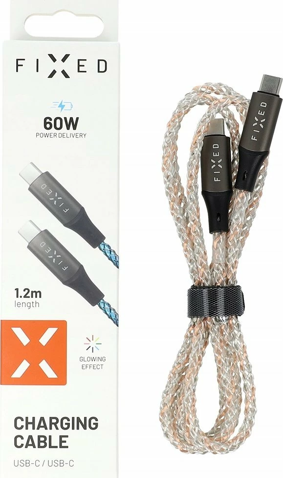 Kabllo USB-C në USB-C Fixed FIXDLED-CC-RA 1.2 m 60W PD me RGB, Multicolor, me shirit velcro + organizues vetëngjitës