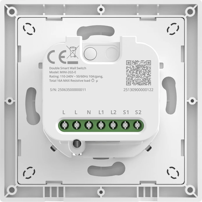 Switch muri, Sonoff, MINI-2GS-E, Matter, dy-kanalësh, Wi‑Fi 2.4 GHz, LAN, 110–240 V, 10 A/kanal, max 16 A, e bardhë