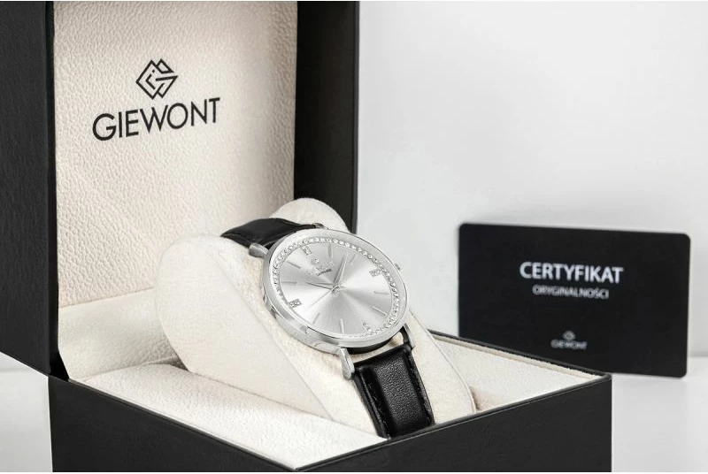Orë dore femrash Giewont GW5390-A1, argjend, rrip lëkure i zi