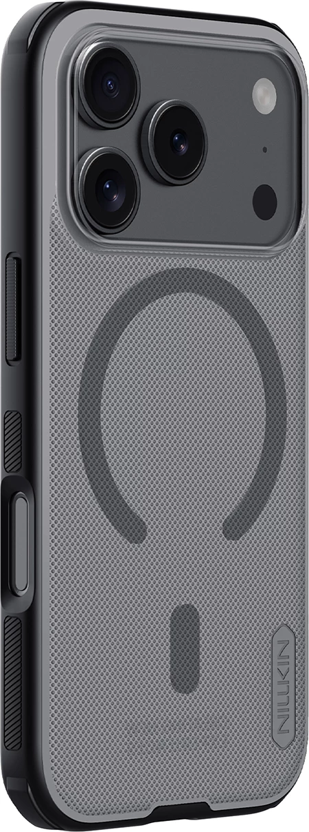 Mbështjellës Nillkin Super Frosted Shield Pro, për iPhone 17 Pro, MagSafe kompatibil, PC+TPU, e zezë transparente