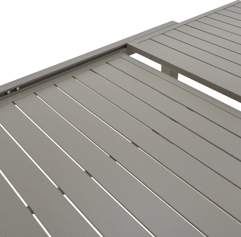 Set tavoline me karrige për terasë Lafla-Azelie, alumin ngjyrë shampanjë dhe sipërfaqe tavoline prej plywood, 160-240x100x75cm, 7 pjesë