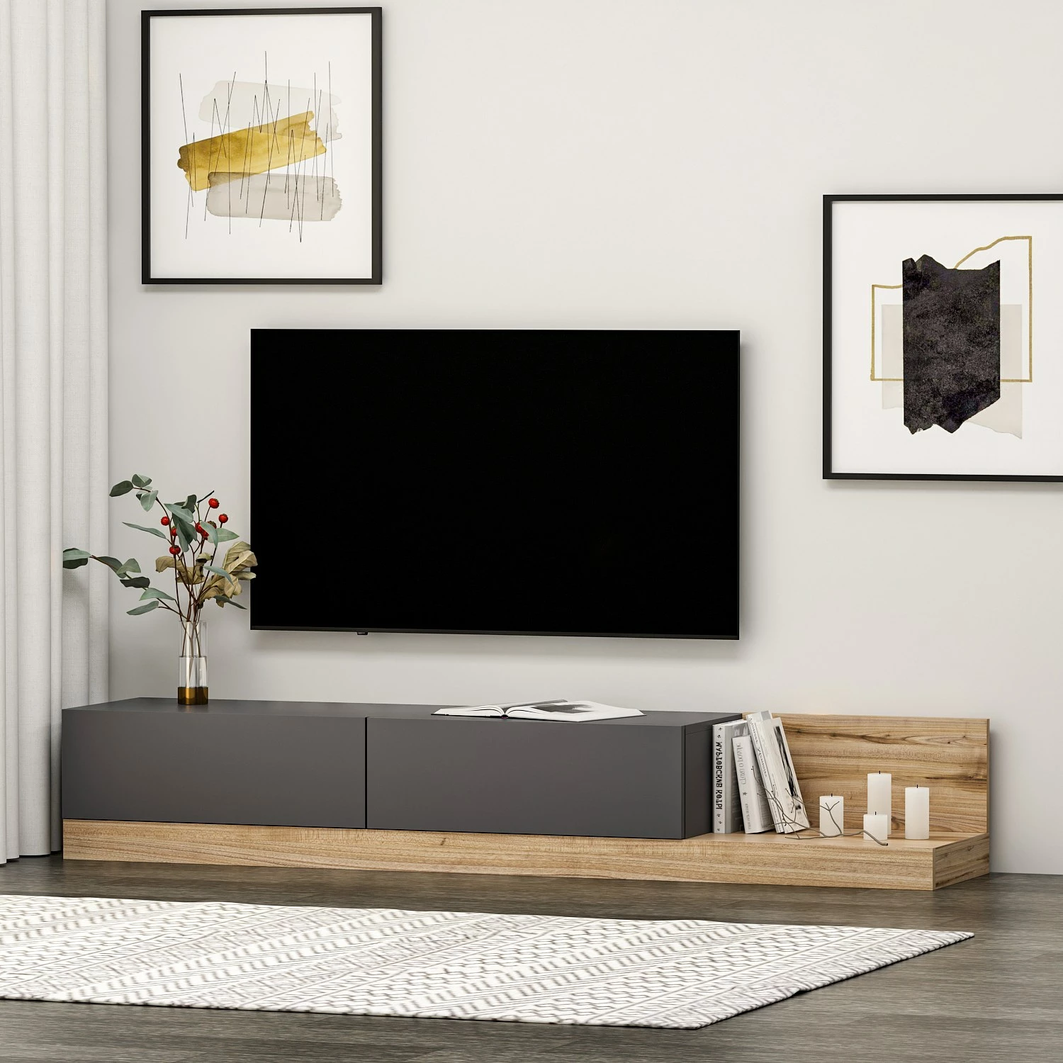 Komodë TV Skye Decor, ngjyrë antracit dhe arre, Majör