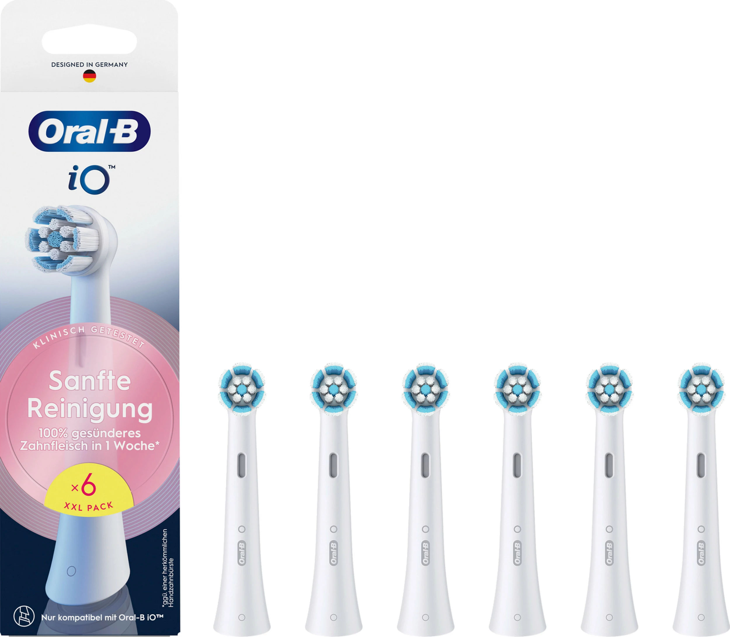 Koka zëvendësuese për furçë dhëmbësh Oral-B iO, pastrim i butë, 6 copë, bardhë/blu