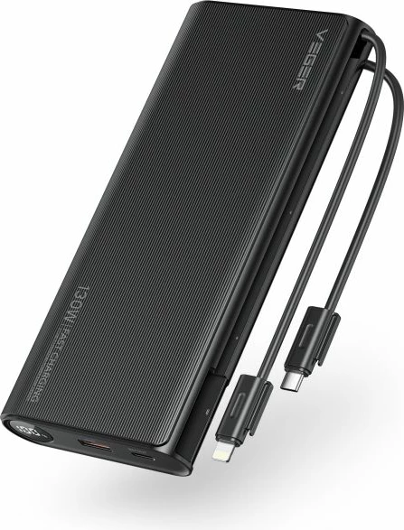 Powerbank VEGER TC130 25000mAh 130W me kabllo USB-C/Lightning, me ekran LCD, e zezë