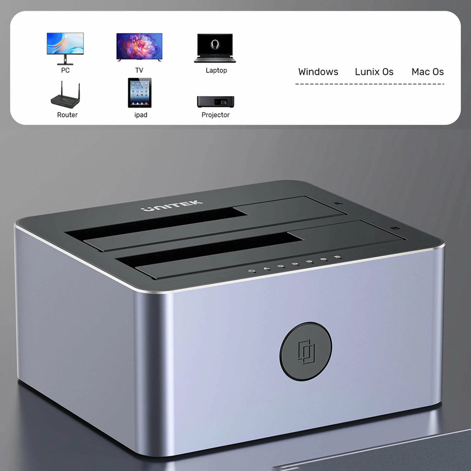 Stacion klonimi/dokimi disqesh Unitek Y-3026GY01-EU, 2x SATA 2.5\"/3.5\", USB 3.2 Gen 1 5Gbps, klonim offline, gri, set me kabllo USB-A dhe adapter 12V 3A