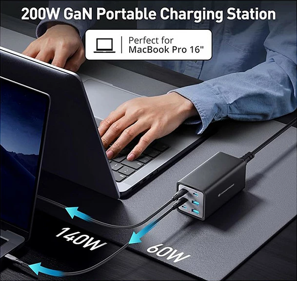 Karikues USB Conceptronic 6-Port 200W GaN PD 3.1, 4x USB-C 2x USB-A, me kabllo USB-C në USB-C, i zi