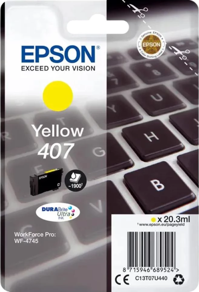 Kartushë boje, Epson, 407 C13T07U440, 20.3 ml deri në 1900 faqe, DuraBrite Ultra, e verdhë