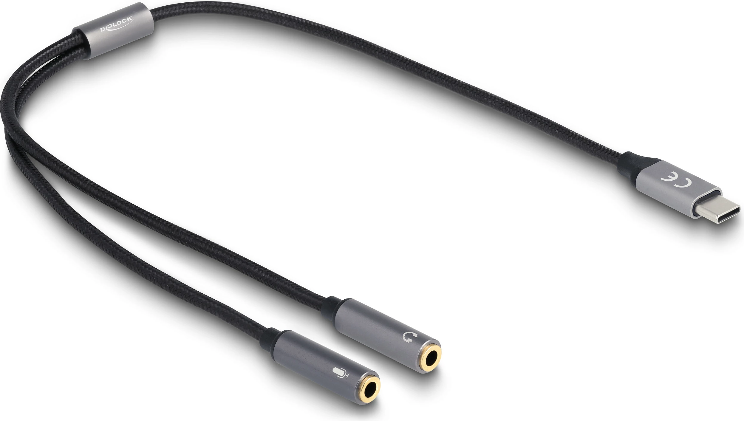 Adapter kufjesh DeLOCK USB-C në 2x 3.5mm, DAC 24bit/96kHz, 0.4m, antracit/zi