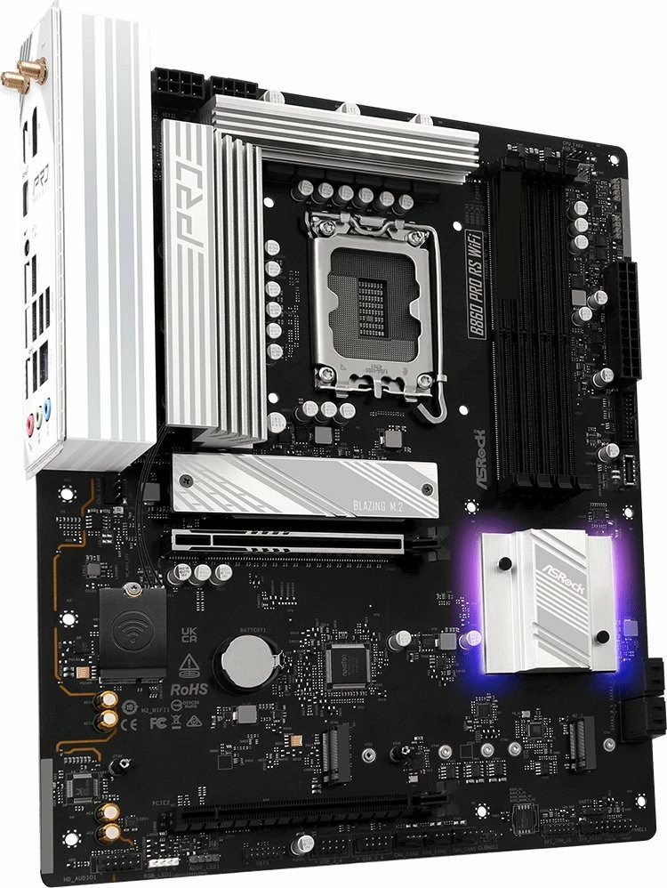 Pllakë amë ASRock B860 Pro RS WiFi, ATX, DDR5 deri 256GB, Wi‑Fi 6E, Bluetooth, e zezë/argjend