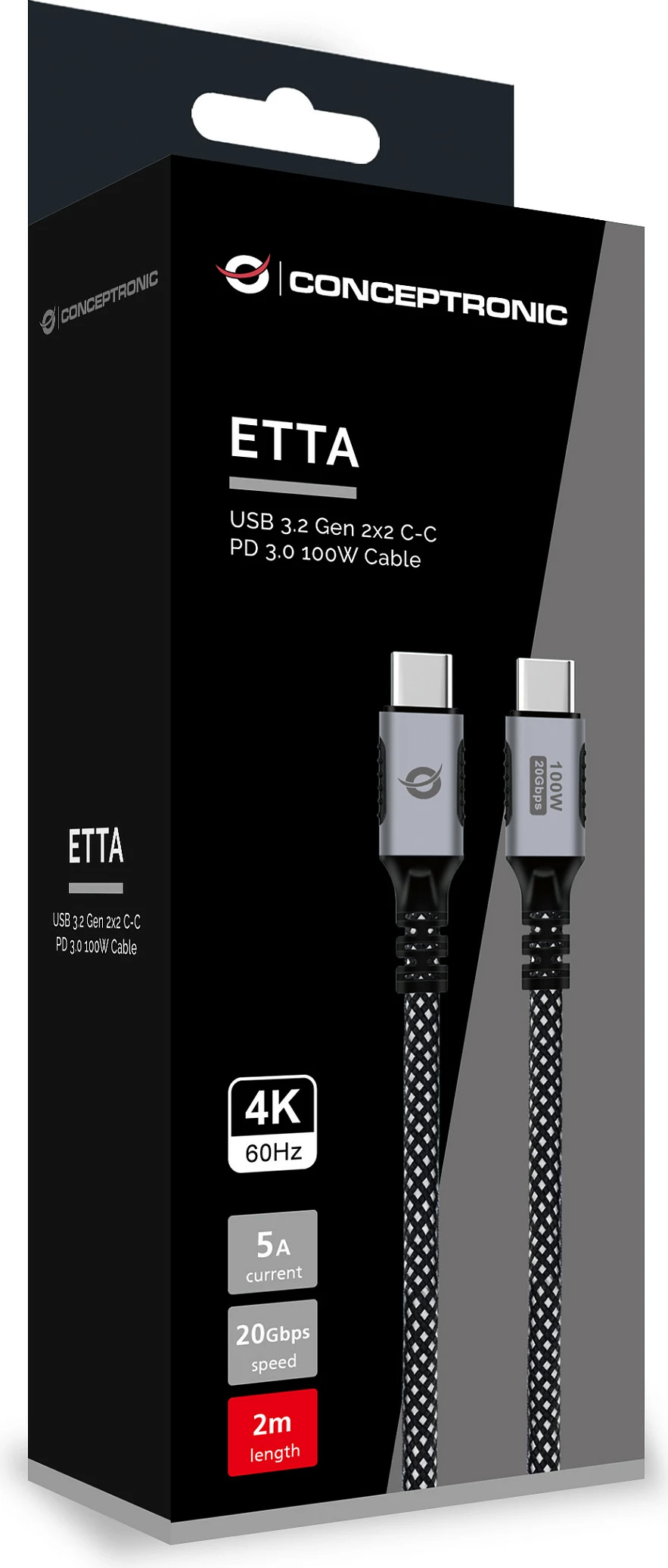 Kabllo USB-C Conceptronic ETTA07B20, 2 m, PD 100W, 20Gbps, 4K@60Hz, e zezë