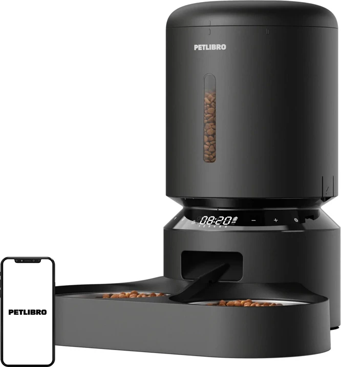 Shpërndarës automatik ushqimi për kafshë Petlibro Granary PL-AF006-33B, 5L, me dy tasa inox, programim 1-6 vakte/ditë, zë 10s, E zezë