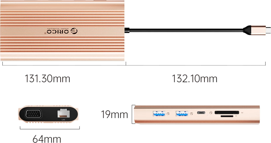 Stacion dokimi USB-C Orico XDR 12-në-1, HDMI 4K, VGA, RJ45 Gigabit, PD 100W, lexues SD/microSD, jack 3.5 mm, Rose Gold