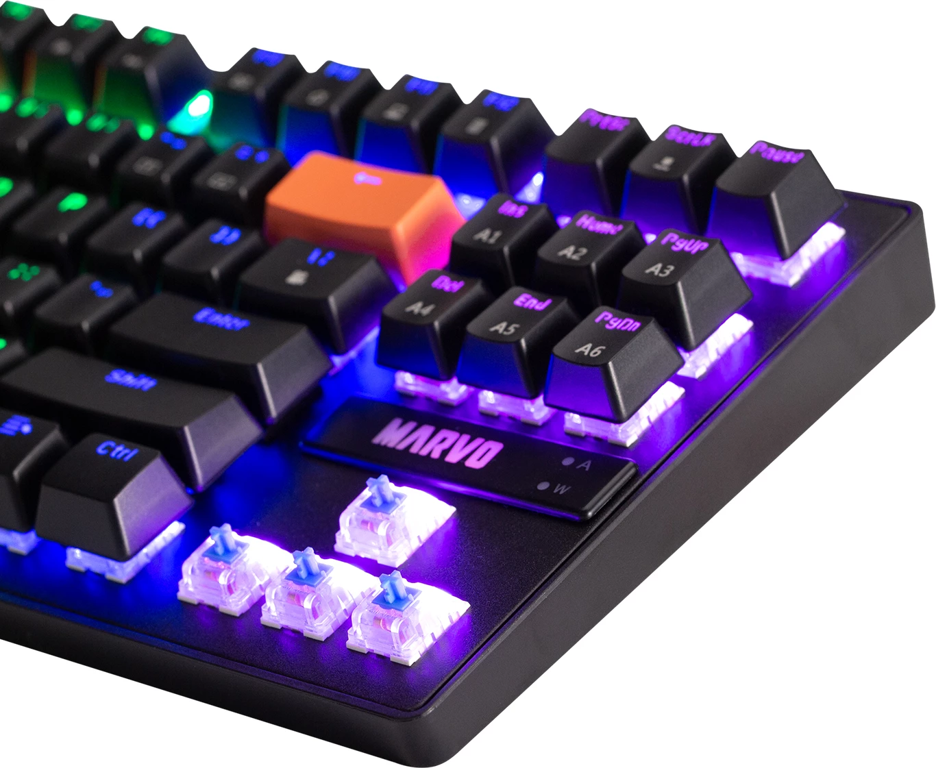 Tastierë mekanike gaming Marvo KG901C EN KRONE 87, 87 taste, Blue Switch, ndriçim RGB, e zezë me taste portokalli