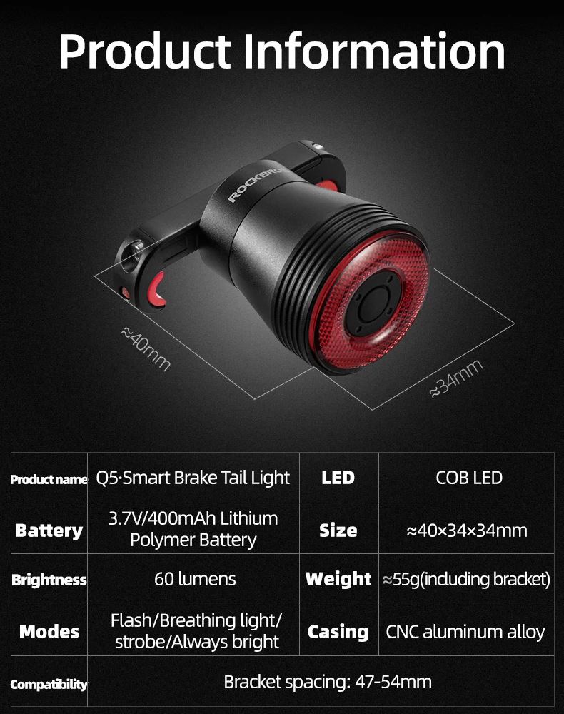 Dritë e pasme biçiklete Rockbros Q5 me sistem inteligjent ndalese, e zezë