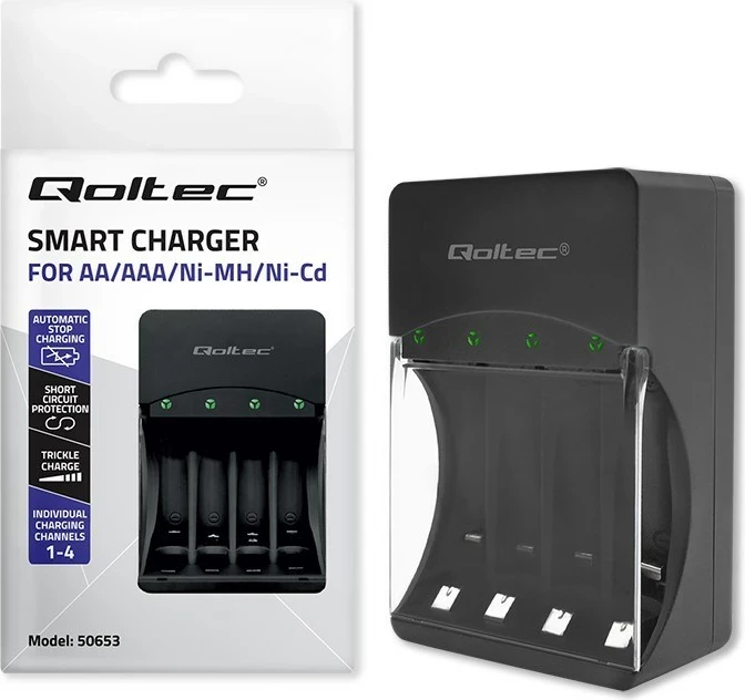 Karikues baterish Qoltec 50653 për Ni-MH R03/AAA R6/AA, Zi