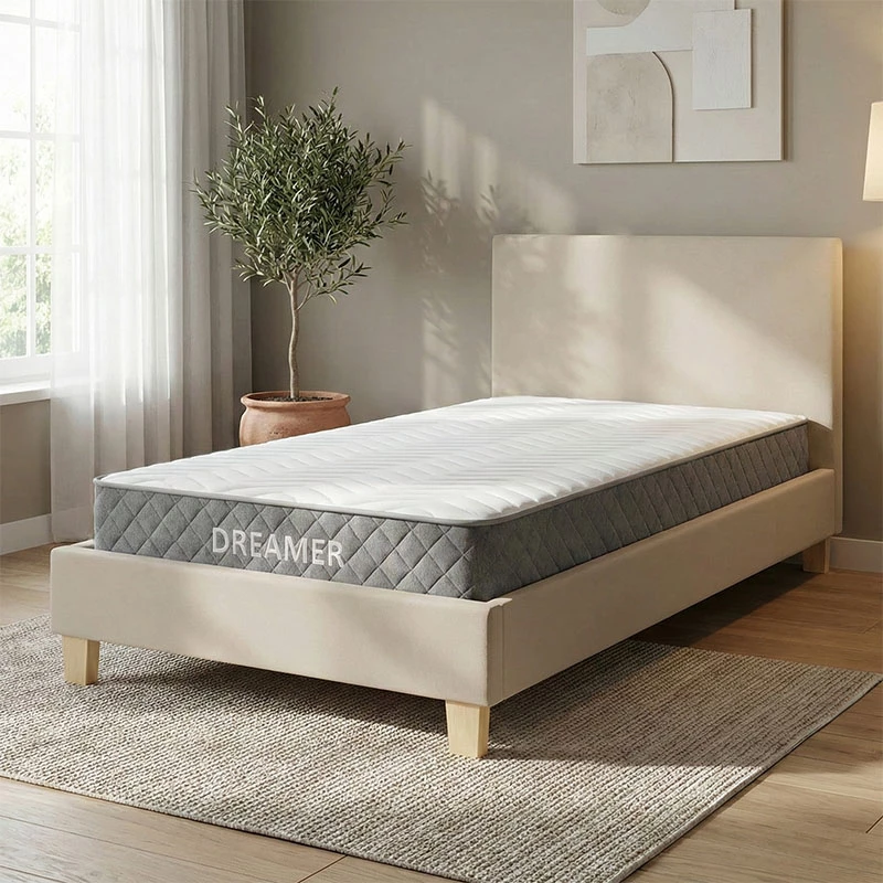 Krevat me dyshek Nevil-Dreamer, stof bezhë, këmbë druri natyrale, 100x200cm