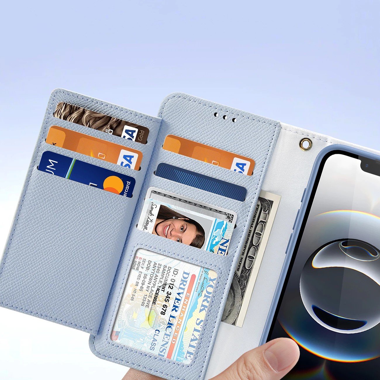 Mbështjellës Dux Ducis Lawa për iPhone 16e, lëkurë, me portofol magnetik, Blu