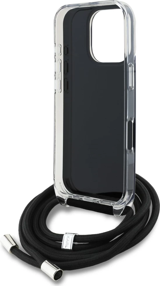 Mbështjellës Karl Lagerfeld IML Crossbody Karl&Choupette Head për iPhone 16 Pro, me litar (lanyard), TPU/PC, i zi