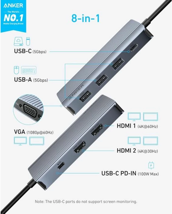 Hub USB-C ANKER PowerExpand A83790A2, 8-në-1, triple display, 2x HDMI + VGA, USB-A/USB-C 5Gbps, PD pass-through 85W, gri