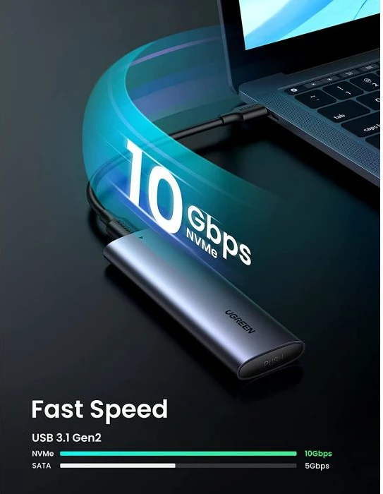 Kasë/adapter për SSD M.2 NVMe UGREEN CM400-10902 (10902), USB-C 10Gbps, alumini, me kabllo USB-C në USB-C 0.5m, gri metalike