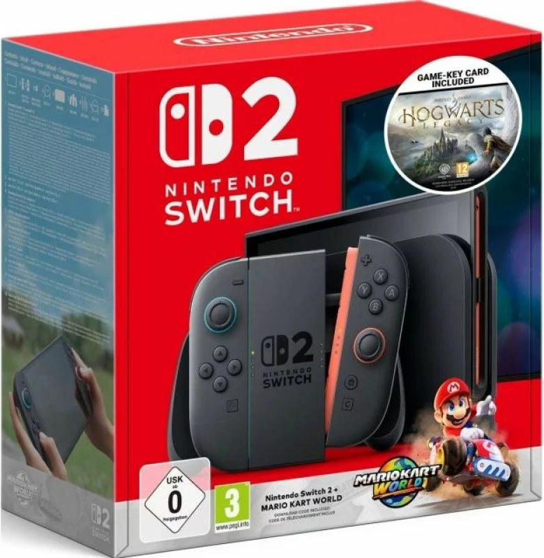 Konsolë Nintendo Switch 2 me Mario + Hogwarts Legacy, e zezë/kuqe/kaltër