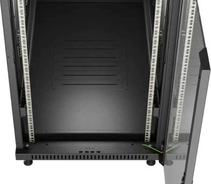 Kabinet rack dysheme 19", Lanberg FF01-6222-12B, 22U, 600x1200 mm, derë xhami, ngarkesë 800 kg, IP20, Flat Pack, e zezë