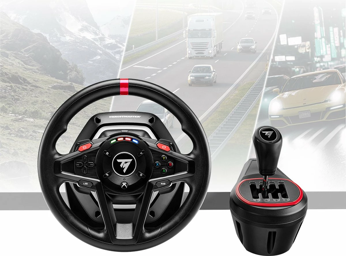 Set timon garash Thrustmaster T128-X Shifter Pack, Force Feedback, për Xbox Series X|S/Xbox One dhe PC, me pedale + TH8S shifter 8 shpejtësi, i zi