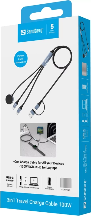Kabllo karikimi SANDBERG 3v1 Travel Charge Cable 100W, 1.2 m, USB-C/USB-A në 2x USB-C + Apple Watch, e zezë