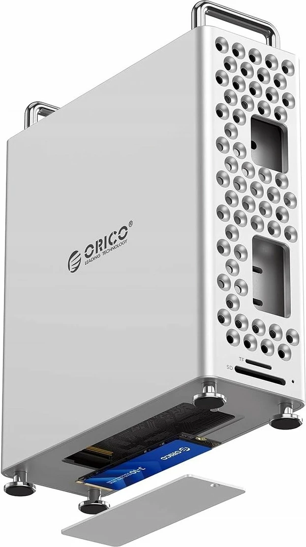 Kasë Orico për Mac Mini M4 me slot M.2 NVMe, 2x USB 3.2, USB-C, lexues kartele, argjend