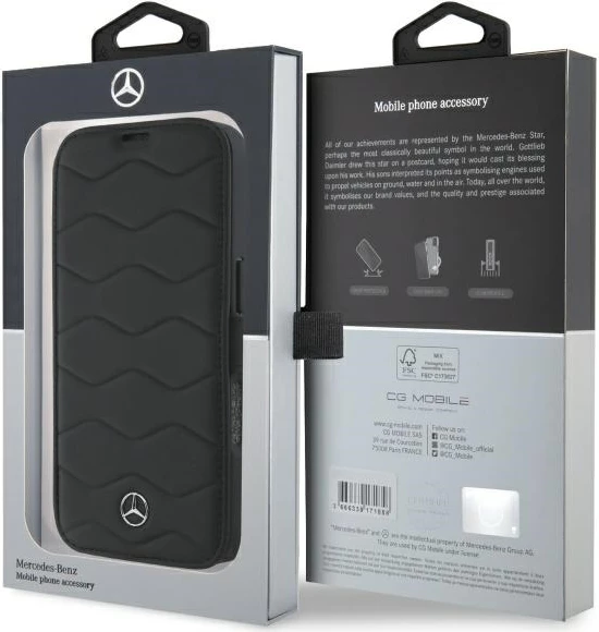 Mbështjellës Mercedes MB Waves për iPhone 16 Pro Max, lëkurë, zi