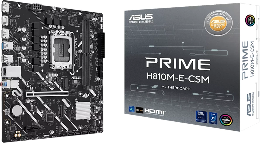 Pllakë amë ASUS PRIME H810M-E-CSM, LGA1851, Intel H810, micro ATX, DDR5 2xDIMM, 2xM.2, 4xSATA, PCIe 4.0, 1Gb Ethernet, 2xDisplayPort, 1xHDMI, Aura Sync