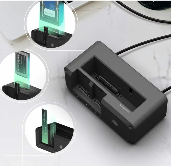 Stacion dockimi dhe klonimi ICYBOX IB-2924MSCL-C31, 3 slota (2× M.2 NVMe + 2.5/3.5" SATA), USB-C/USB-A USB 3.2 Gen2 10 Gbit/s, i zi