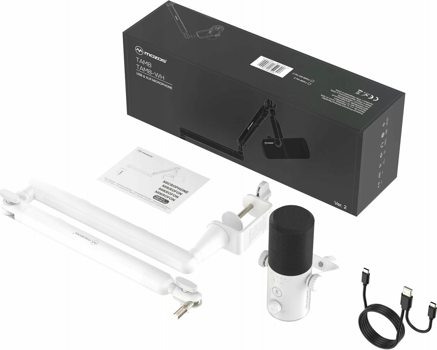 Mikrofon Mozos TAM8 v2 dinamik kardioid USB-C/XLR 192kHz/24-bit, i bardhë, set me krah (boom arm)