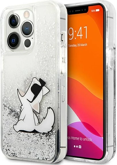 Mbështjellës Karl Lagerfeld Liquid Glitter Choupette Fun për iPhone 13 Pro Max 6.7", argjendtë