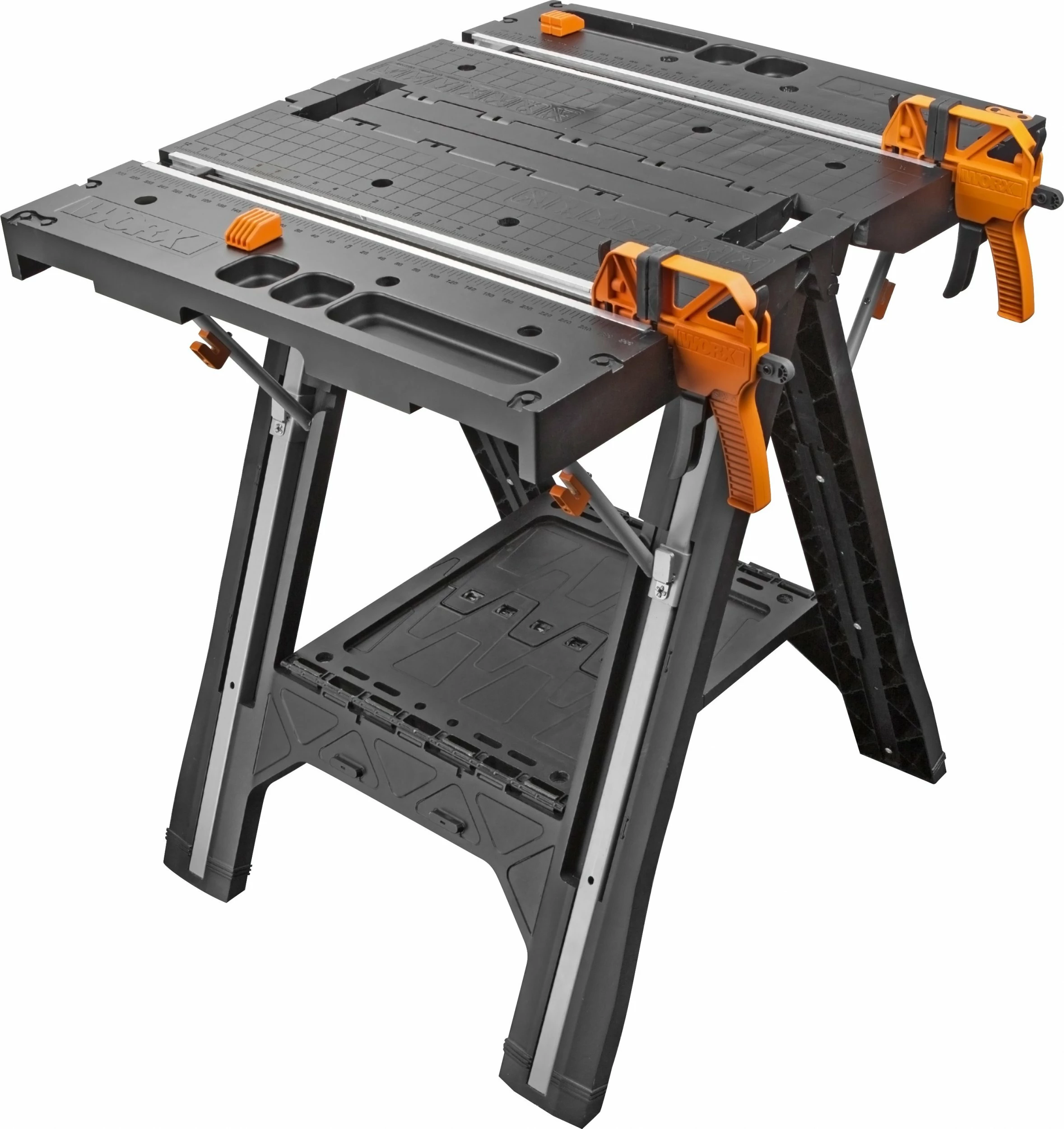 Tavolinë pune Worx Pegasus WX051 78x63 cm, palosëse, 136 kg, zi/portokalli, set me 2 klema + 4 konektorë