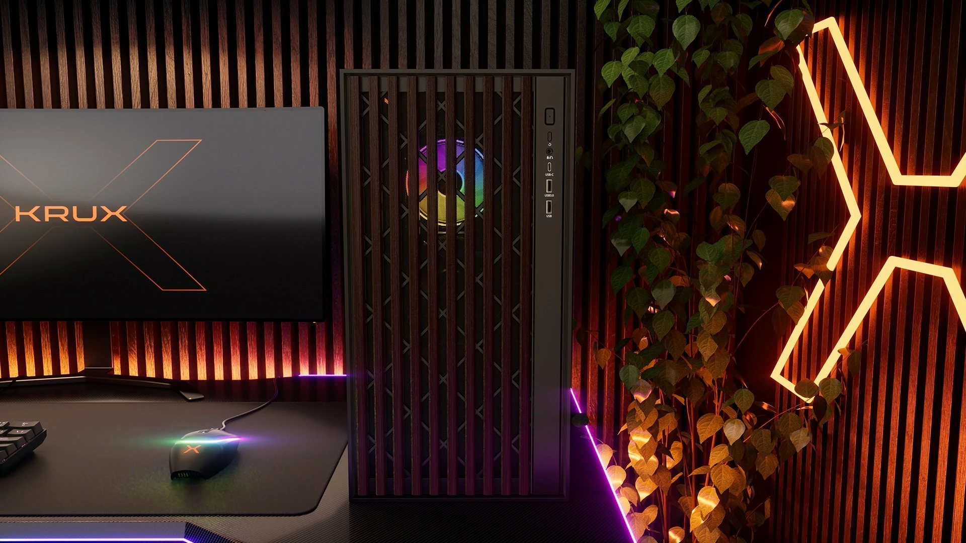Kasë Krux Palum KRXD008 Midi Tower ATX/Micro-ATX/Mini-ITX, USB-C, 2x120mm fans, pa PSU, zezë/kafe