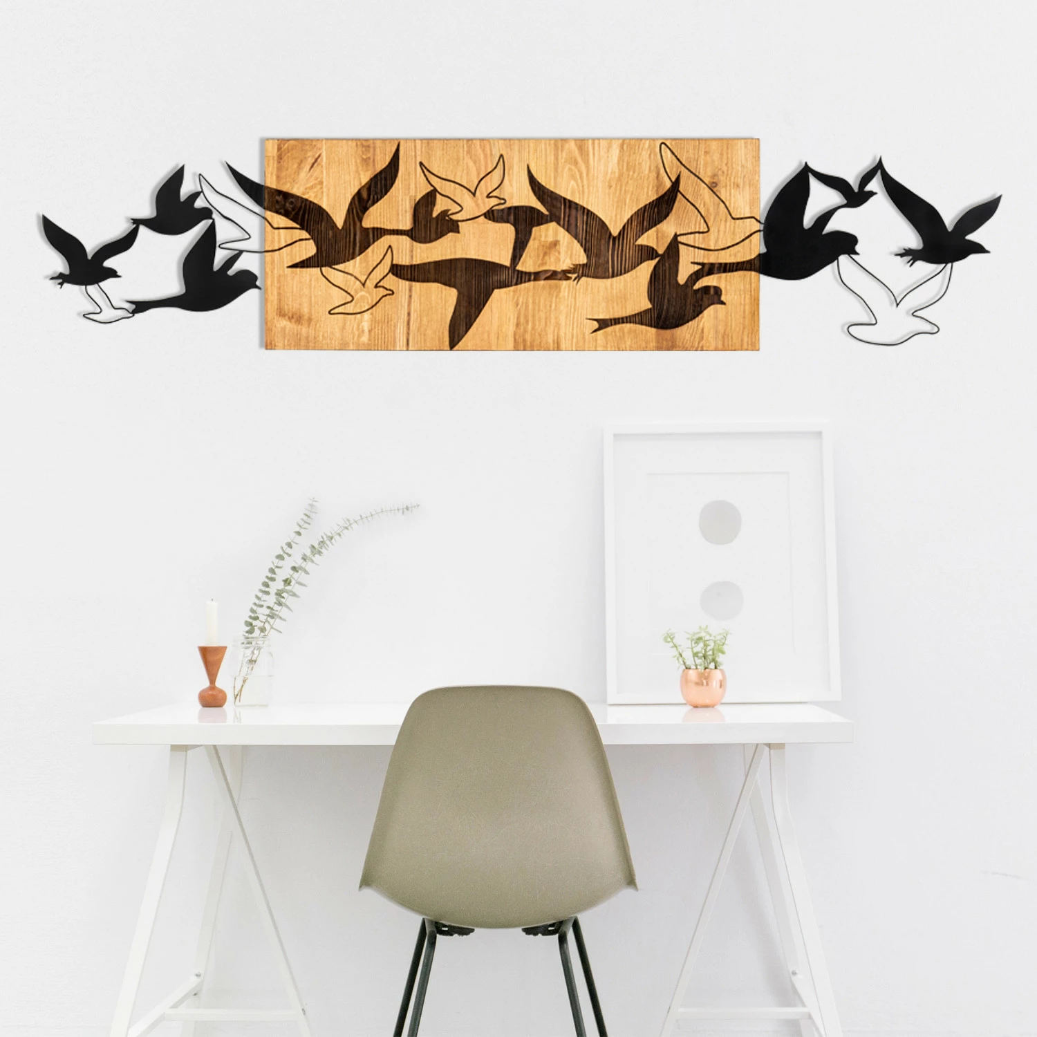 Aksesor dekorativ për mur, dru dhe metal, Wallity Albatros, ngjyrë e zezë dhe arre, 111x25cm