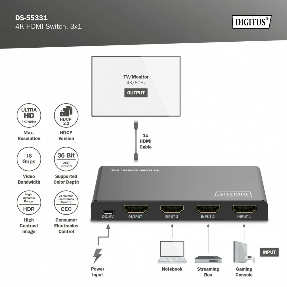 Switch HDMI Digitus DS-55331, 3 hyrje, 1 dalje, 4K/60Hz, me telekomandë, e zezë