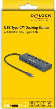 Docking station DeLOCK 92000, USB-C me HDMI 4K 60Hz, RJ-45 Gigabit, 2x USB-A, USB-C, PD 90W, blu