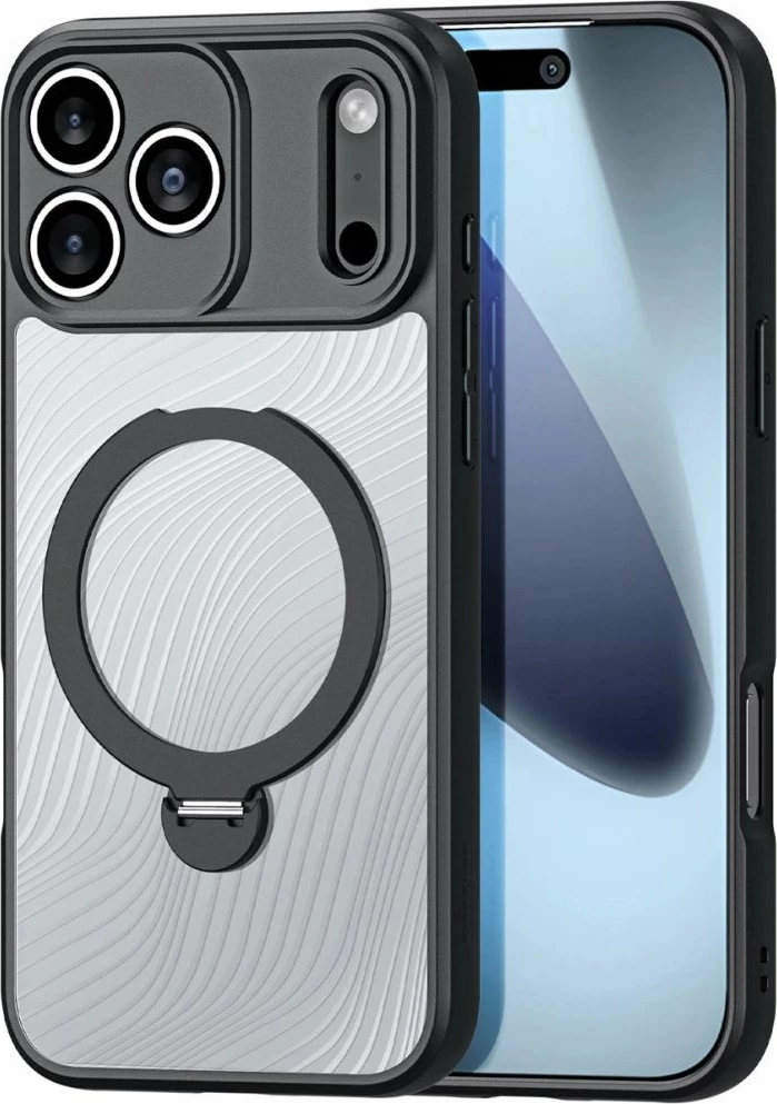 Mbështjellës DUXDUCIS Aimo Mag për iPhone 17 Pro, unazë magnetike me stand, karikim wireless, TPU/PC, i zi