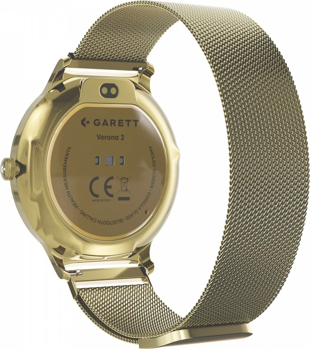 Smartwatch Garett Verona 2, 1.43\" AMOLED 466x466, IP68, Bluetooth thirrje, 200 mAh, Gold, set me rrip mesh + rrip lëkure eko i bardhë