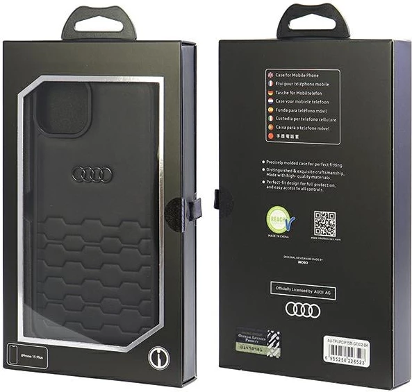 Mbështjellës Audi GT për iPhone 15 Plus, lëkurë sintetike, i zi