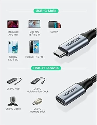 Zgjatues kabllo USB-C UGREEN 30205, 1m, USB 3.1 Gen 2 10Gbps, 5A PD100W, Thunderbolt 3, alumini, e zez/argjendtë, PolyBag