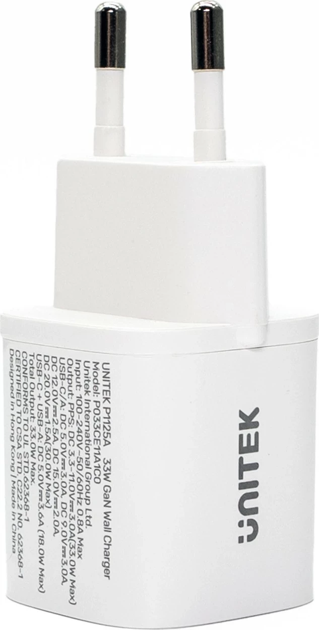 Karikues rrjeti Unitek, 1x USB-A 1x USB-C QC 33W, bardhë