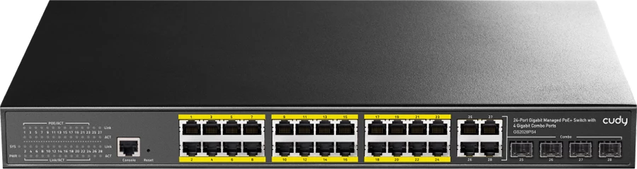 Ndërprerës Gigabit PoE+ i Menaxhuar me 24 Porta, Shtresa 2, me 4 Porta Kombinimi Gigabit, 300W (GS2028PS4 300W)