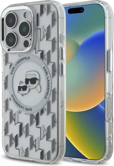 Mbështjellës Karl Lagerfeld IML Monogram Karl & Choupette Head MagSafe për iPhone 16 Pro, Transparent