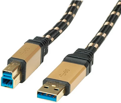 Kabllo USB 3.2 Gen 1 ROLINE GOLD, Type-A në Type-B, 1.8 m, 5 Gbit/s, e zezë/ari