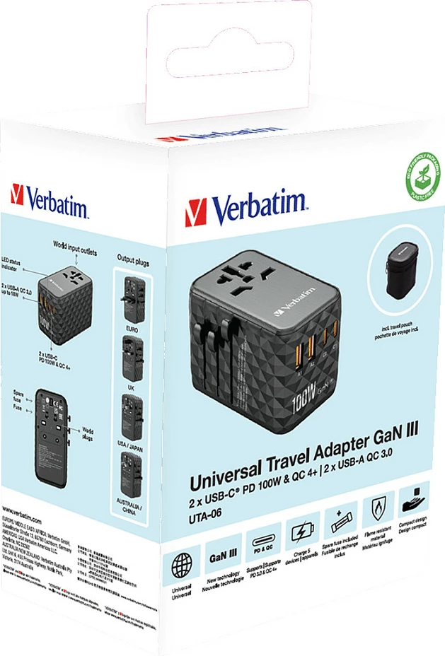 Adapter udhëtimi Verbatim UTA-06 GaN III, 100W, 2x USB-C PD, 2x USB-A QC, i zi