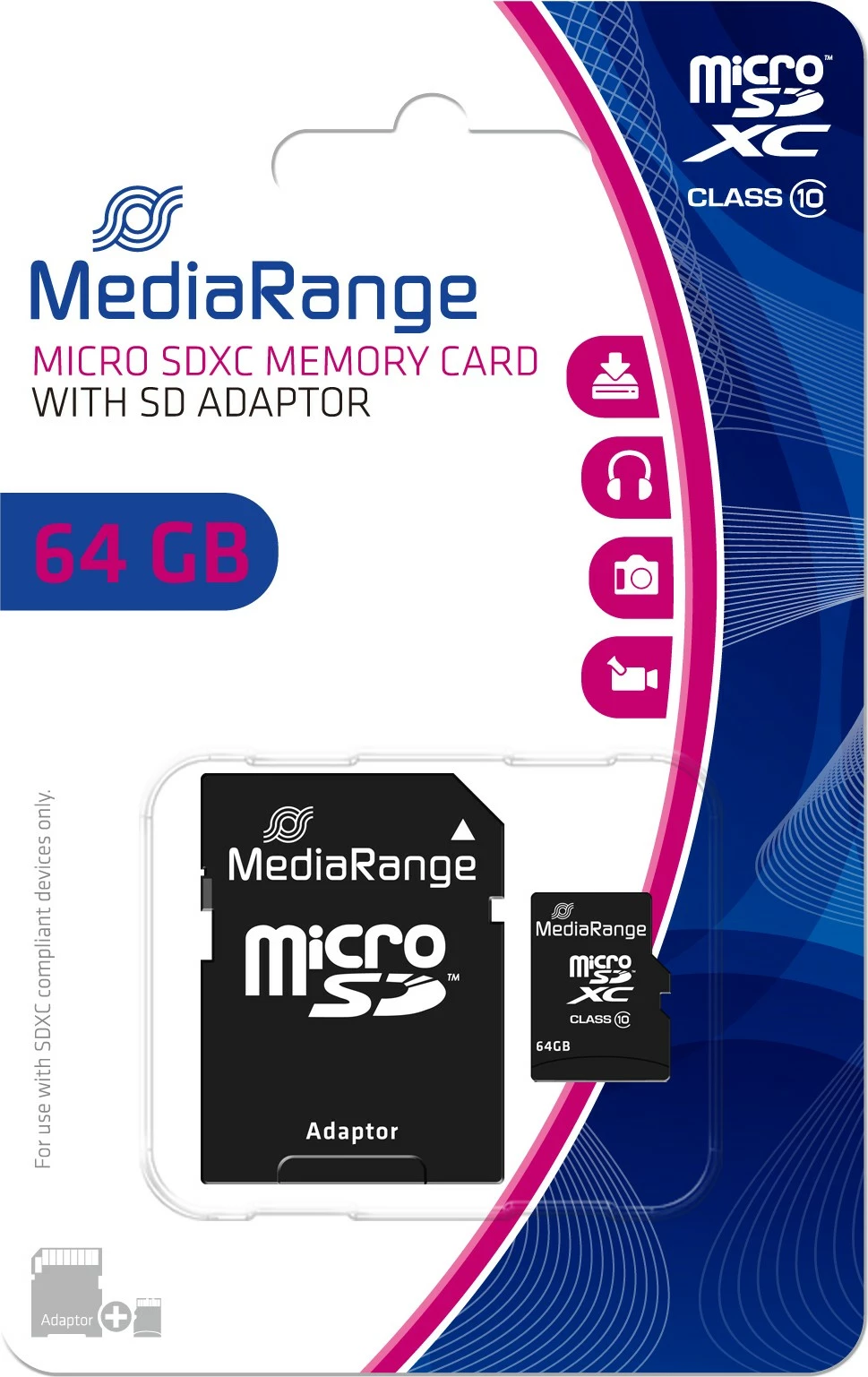 Kartelë memorie MediaRange MicroSDXC 64GB, Class 10, me adapter SD, e zezë