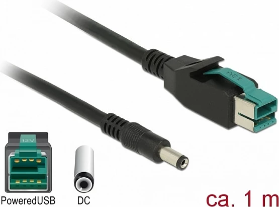 Kabllo PoweredUSB në DC 5.5x2.1mm DeLOCK 85497, 1m, 12V, e zezë